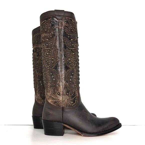 Frye Deborah Deco Tall Studded Crackle Leather Western Boots Women’s 6.5 Shoes - Picture 3 of 12
